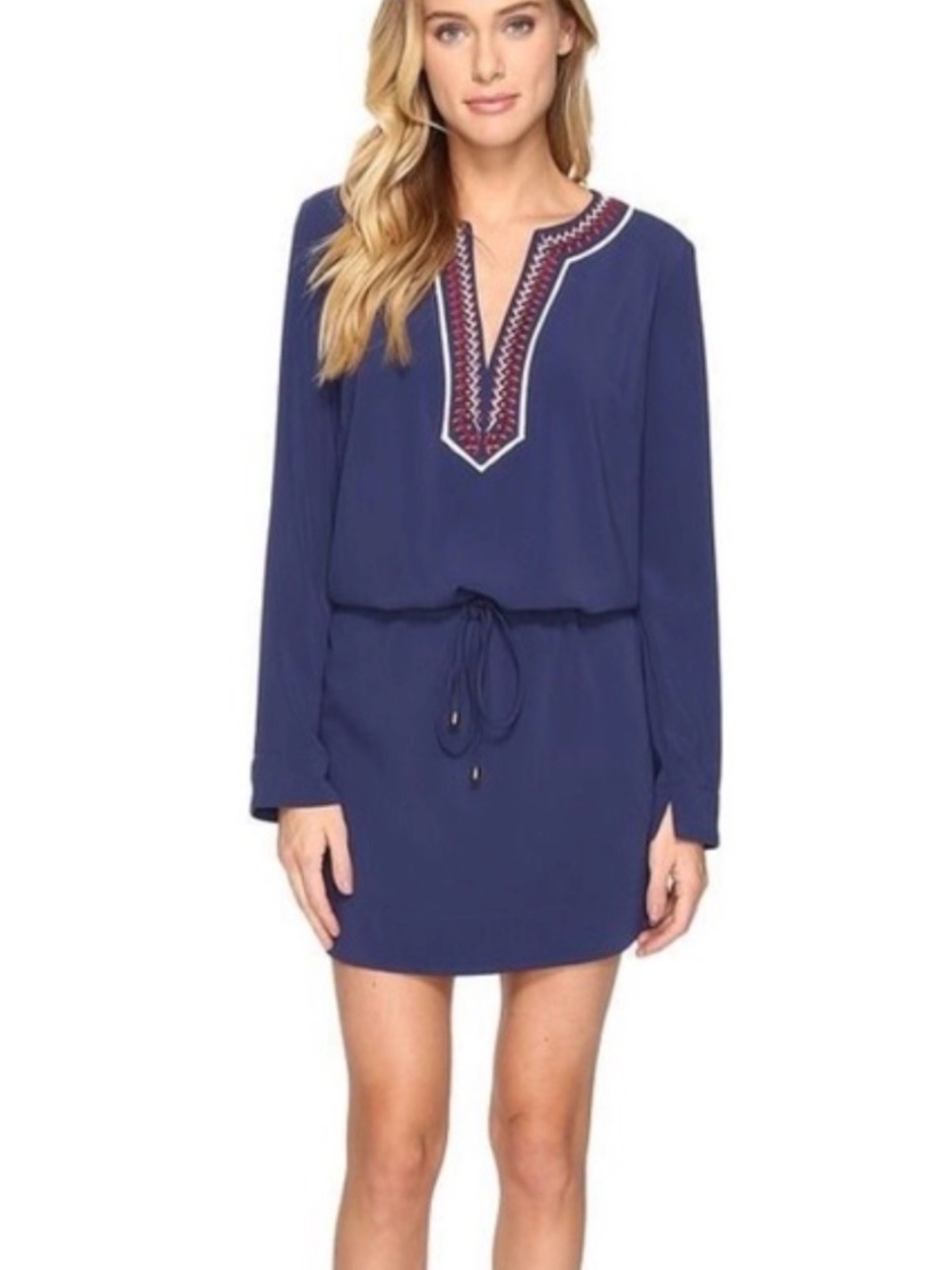 Laundry By Shelli Segal Blue Long Sleeve Dress with Red & White Embroidery L